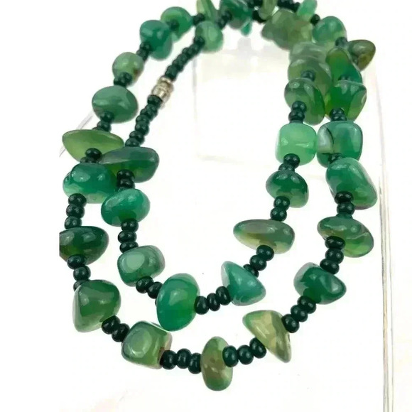 Natural Stone Green Agate Nugget Rock Beaded Necklace Seed Bead 20" - Picture 4 of 15